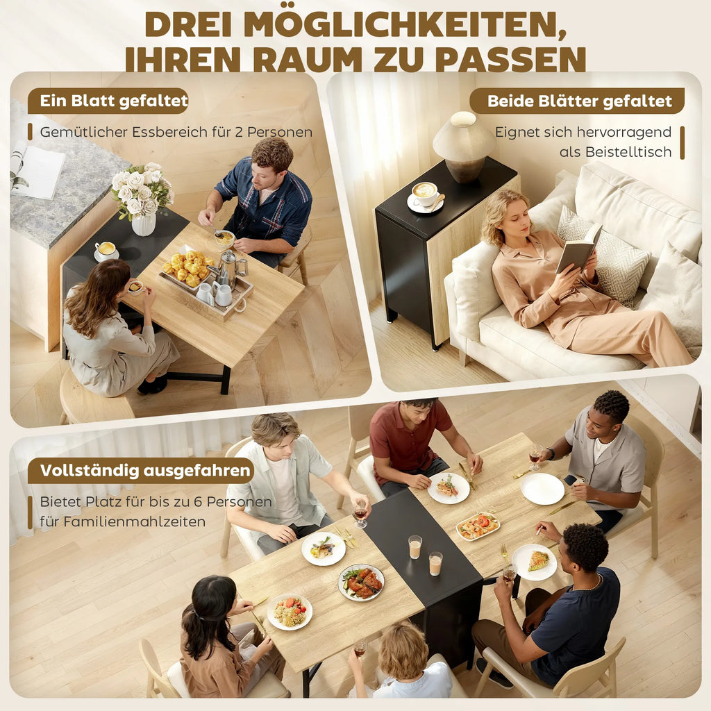 Sulankstomas valgomojo stalas su lentynomis, 169x60 cm, tamsaus medžio ir juodas