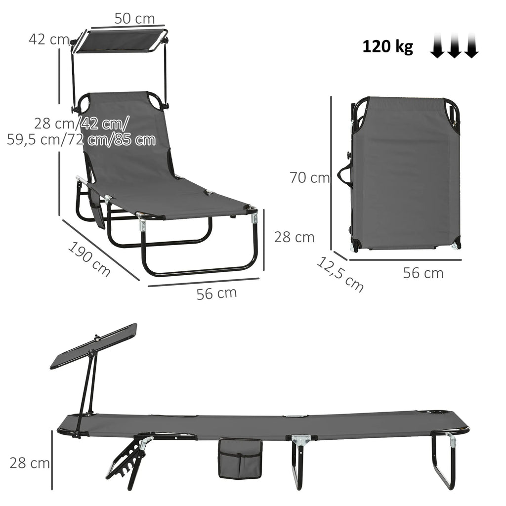 Gulto matmenų schema: stogelis 50x42 cm, atlošo aukščiai 28-85 cm, ilgis 190 cm, plotis 56 cm, sulankstytas 70x56x12,5 cm, apkrova iki 120 kg