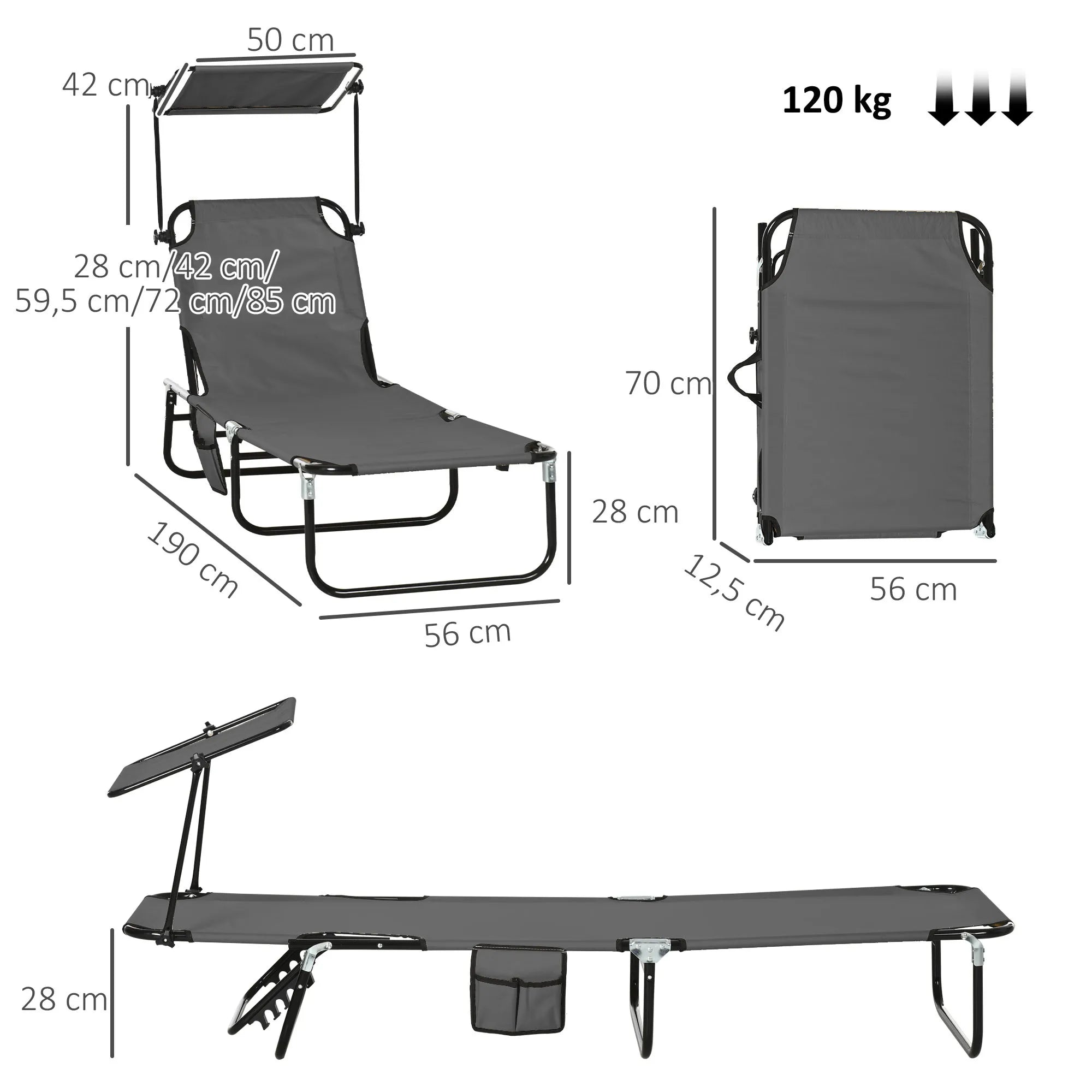 Gulto matmenų schema: stogelis 50x42 cm, atlošo aukščiai 28-85 cm, ilgis 190 cm, plotis 56 cm, sulankstytas 70x56x12,5 cm, apkrova iki 120 kg