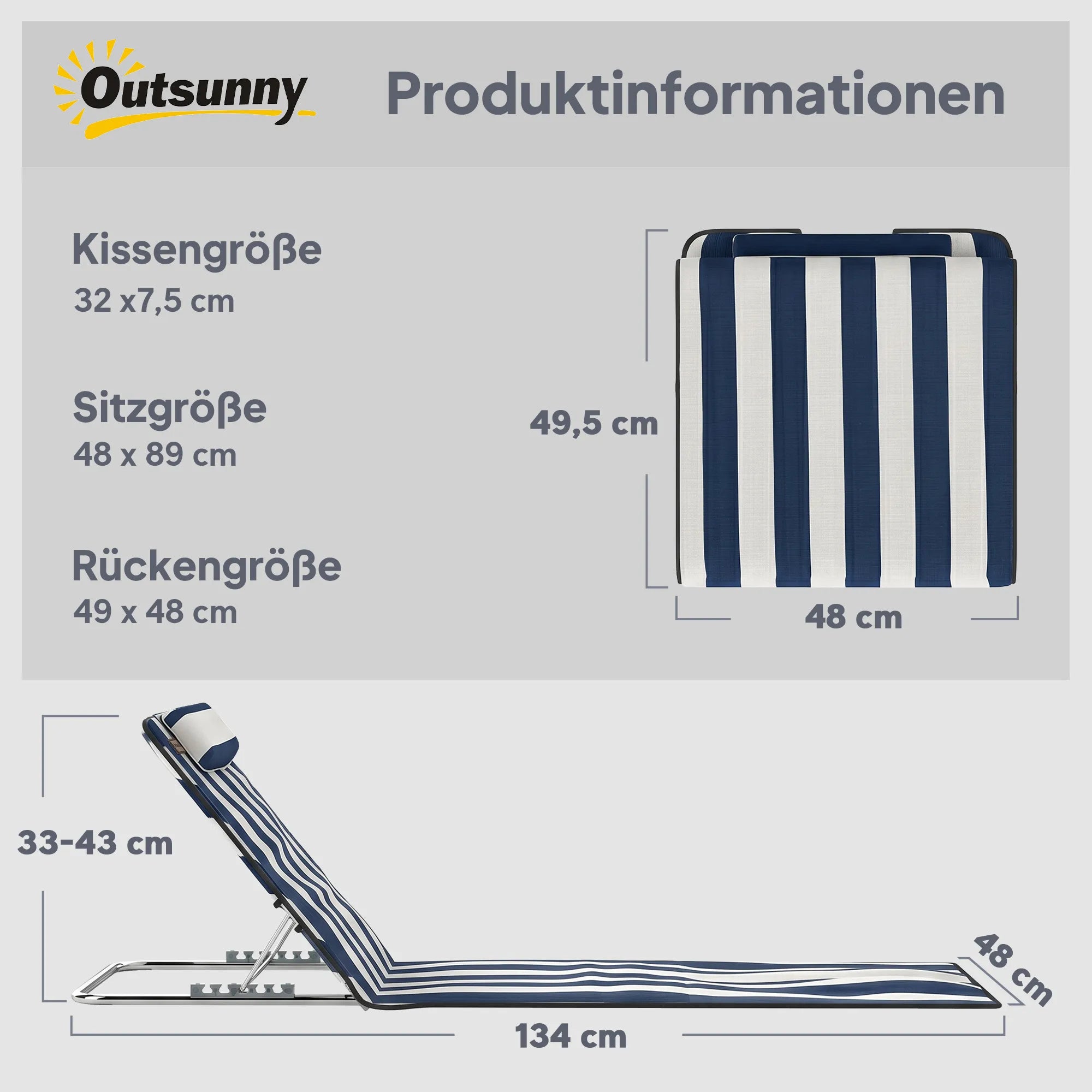 Gulto matmenys: ilgis 134 cm, plotis 48 cm, atlošas reguliuojamas nuo 33 iki 43 cm