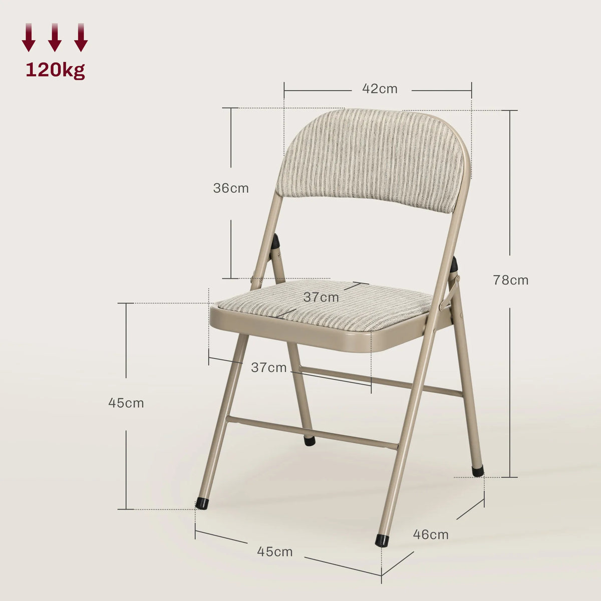 Schema su kėdės matmenimis ir 120 kg apkrovos riba