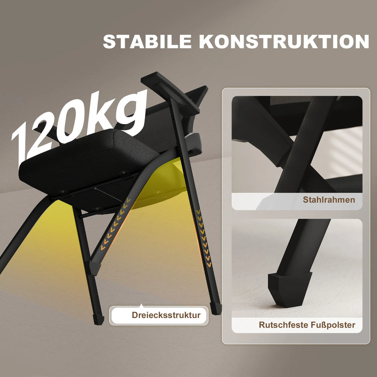 Infografika apie kėdės plieninį rėmą ir neslystančius kojų antgalius