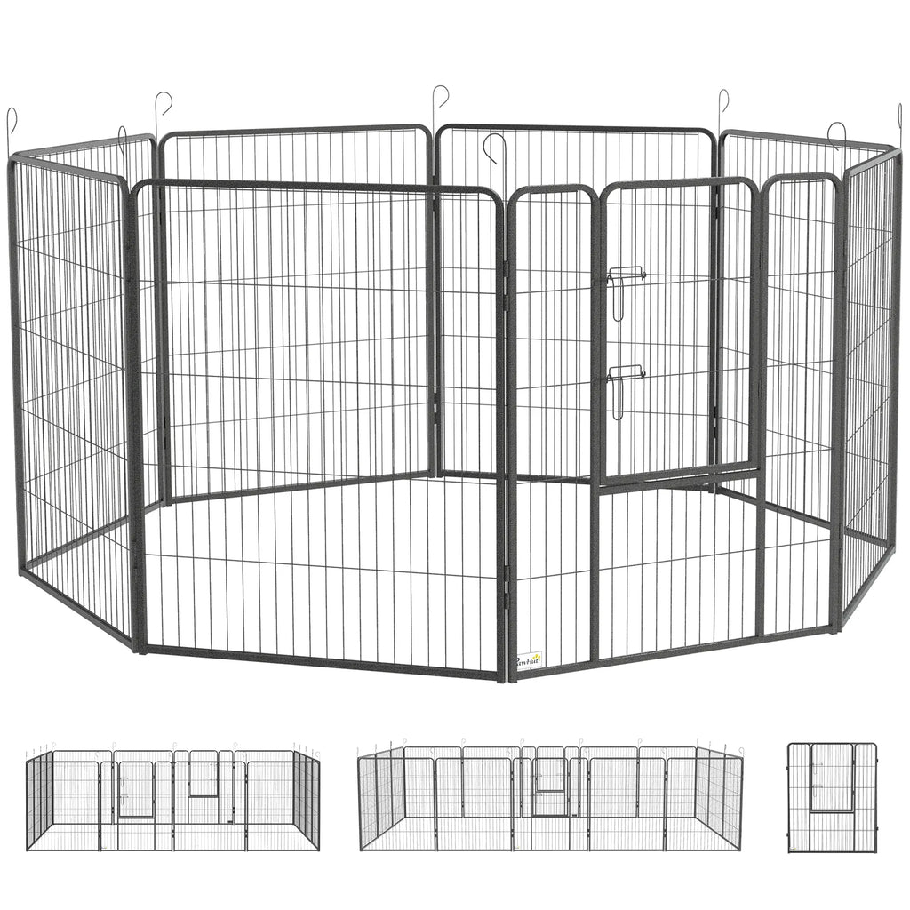 Šuniukų aptvaras, modulinė konstrukcija, 16 elementų, 2 durys, atsparus atmosferos poveikiui, plienas, 3,2 x 3,2 x 1 m, pilkos spalvos