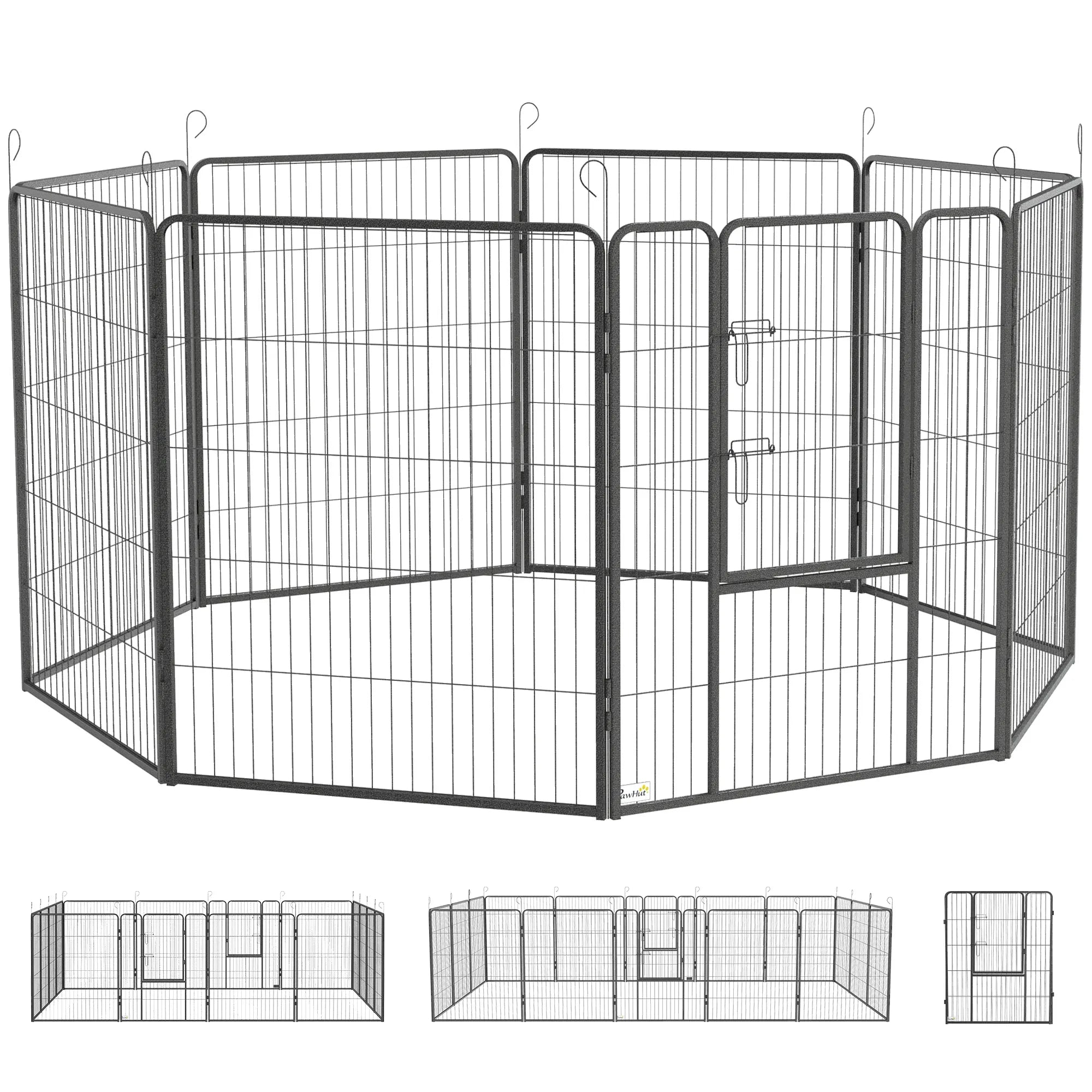 Šuniukų aptvaras, modulinė konstrukcija, 16 elementų, 2 durys, atsparus atmosferos poveikiui, plienas, 3,2 x 3,2 x 1 m, pilkos spalvos