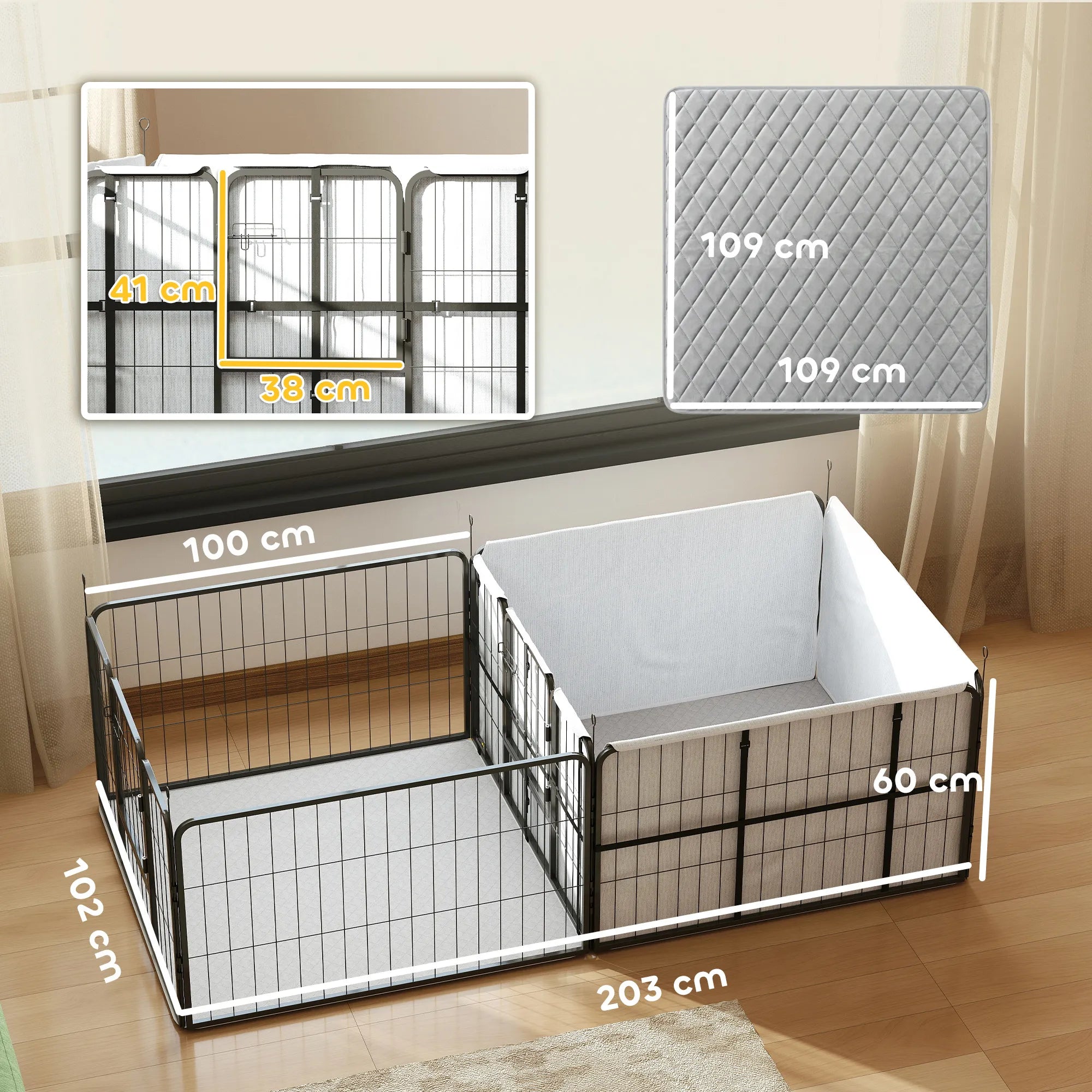Šuniukų aptvaras su 7 sekcijomis ir guoliu 203x102x60cm juodas