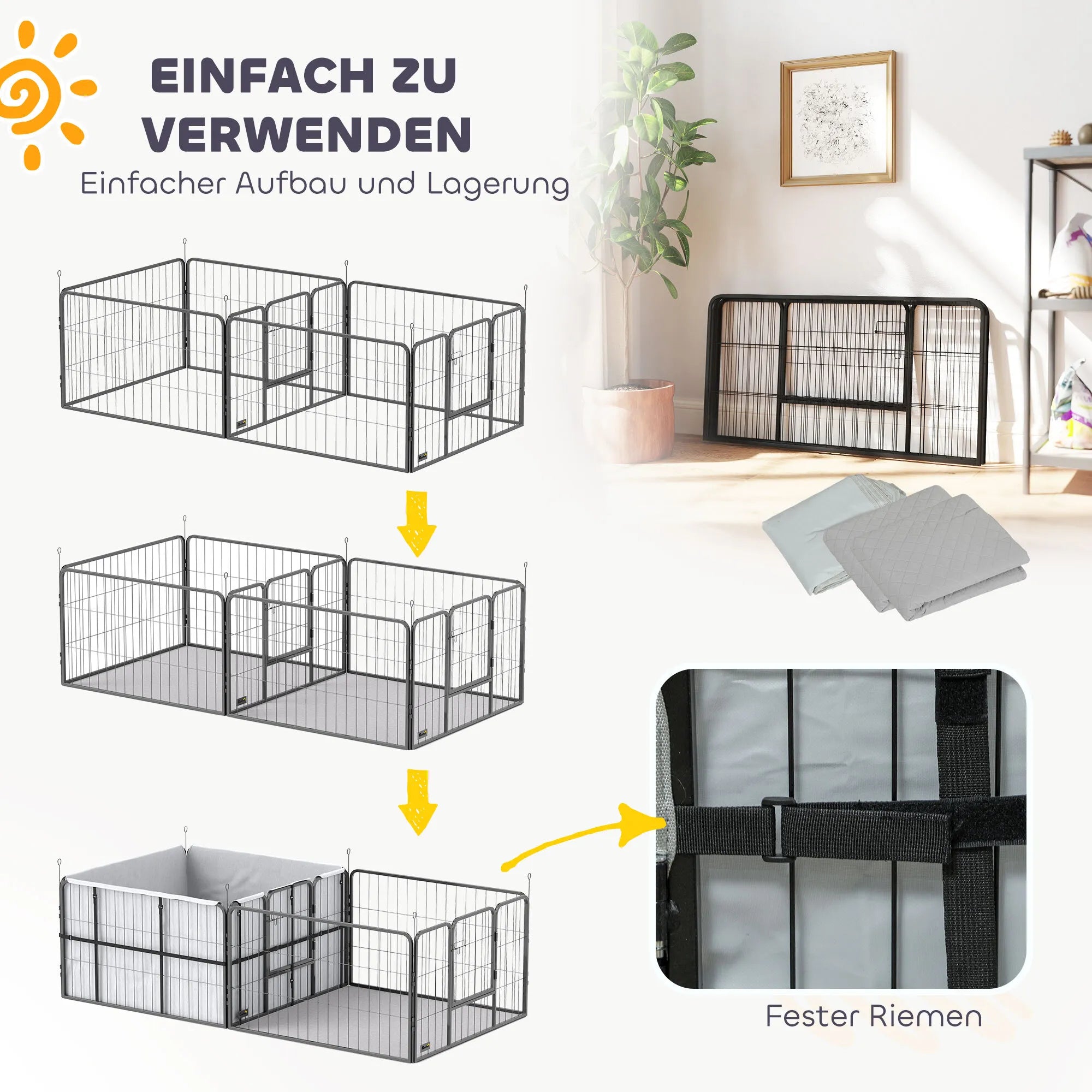 Šuniukų aptvaras su 7 sekcijomis ir guoliu 203x102x60cm juodas