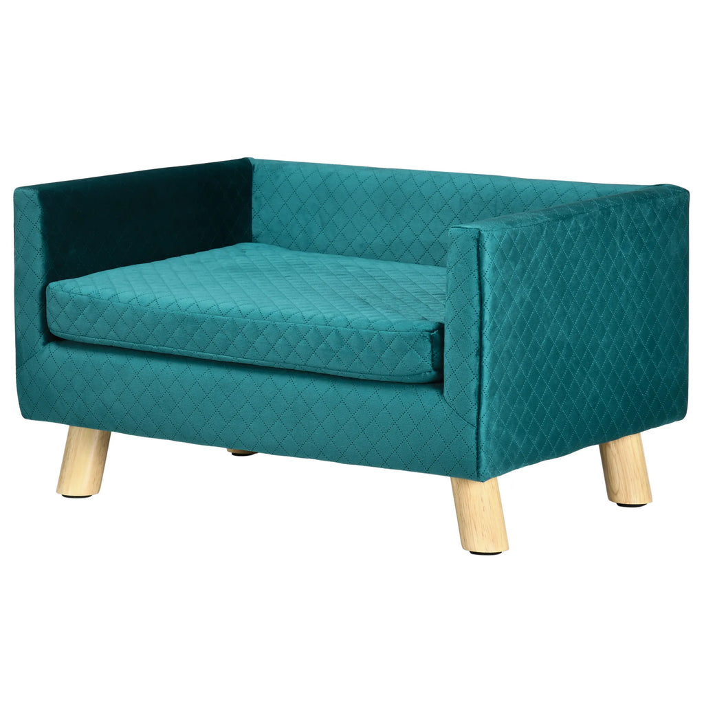 Tamsiai mėlyna dygsniuota šuns sofa-lova su medinėmis kojomis