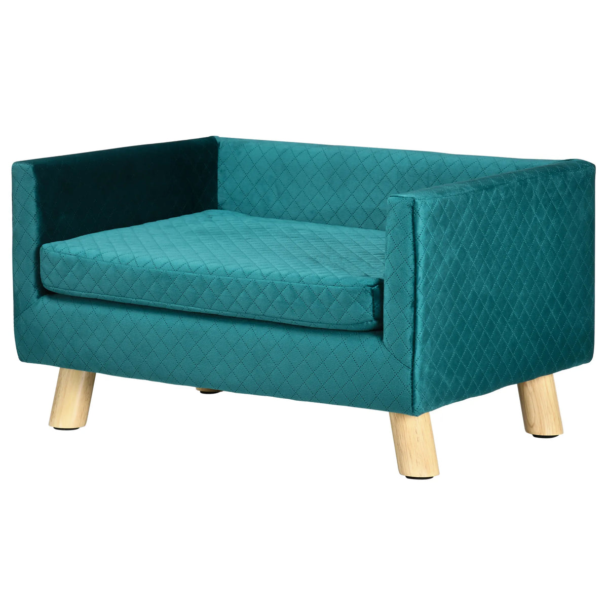 Tamsiai mėlyna dygsniuota šuns sofa-lova su medinėmis kojomis
