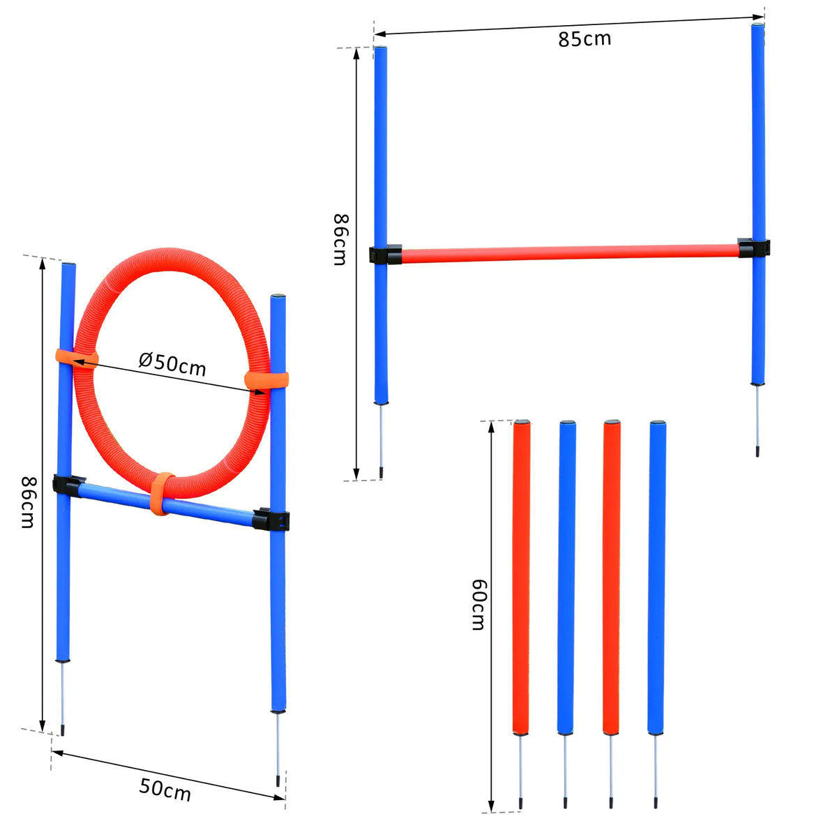 Agiliti įrangos matmenų schema centimetrais: barjeras, žiedas, slalomas