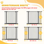 Keturios plėtimo schemos rodo 76–107 cm angas su 10 ir 15 cm prailginimais