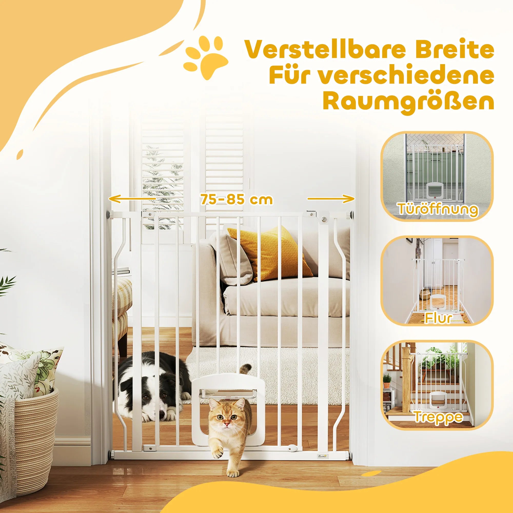 Šunų apsauginiai varteliai su integruotais katės varteliais 75-85 cm, baltos spalvos