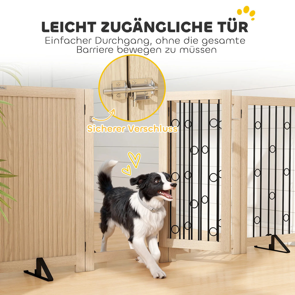 Šunų apsauginis barjeras su durelėmis, 4 dalių, 205 cm, ąžuolo ir juodos spalvos