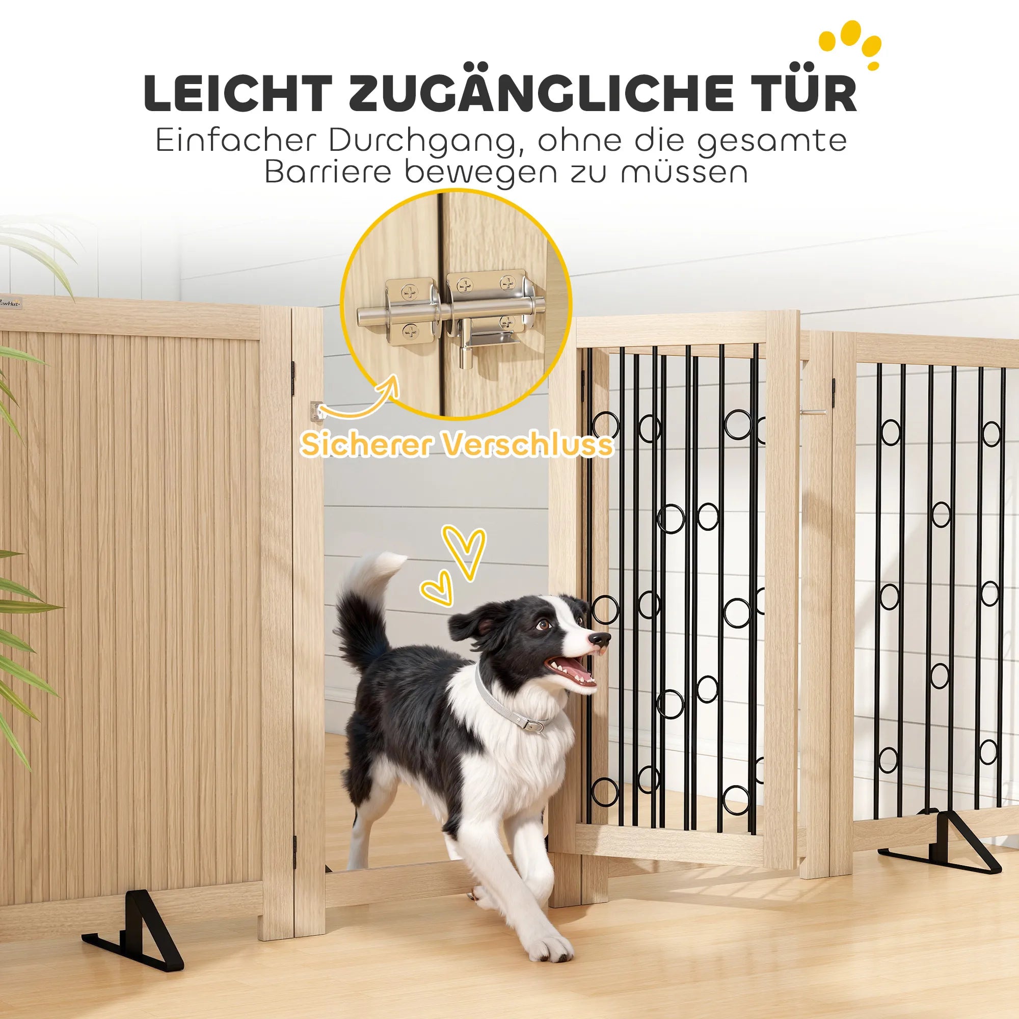 Šunų apsauginis barjeras su durelėmis, 4 dalių, 205 cm, ąžuolo ir juodos spalvos