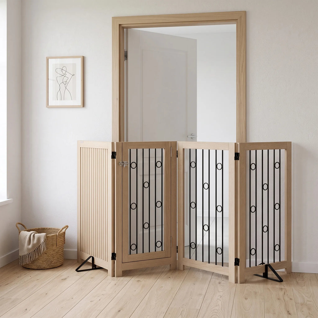 Šunų apsauginis barjeras su durelėmis, 4 dalių, 205 cm, ąžuolo ir juodos spalvos