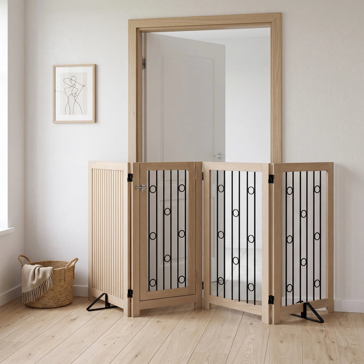 Šunų apsauginis barjeras su durelėmis, 4 dalių, 205 cm, ąžuolo ir juodos spalvos