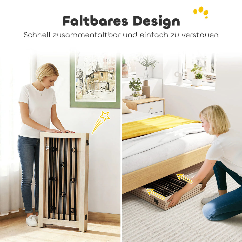 Šunų apsauginis barjeras su durelėmis, 4 dalių, 205 cm, ąžuolo ir juodos spalvos
