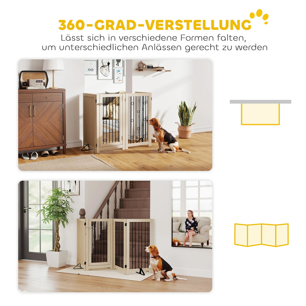 Šunų apsauginis barjeras su durelėmis, 4 dalių, 205 cm, ąžuolo ir juodos spalvos