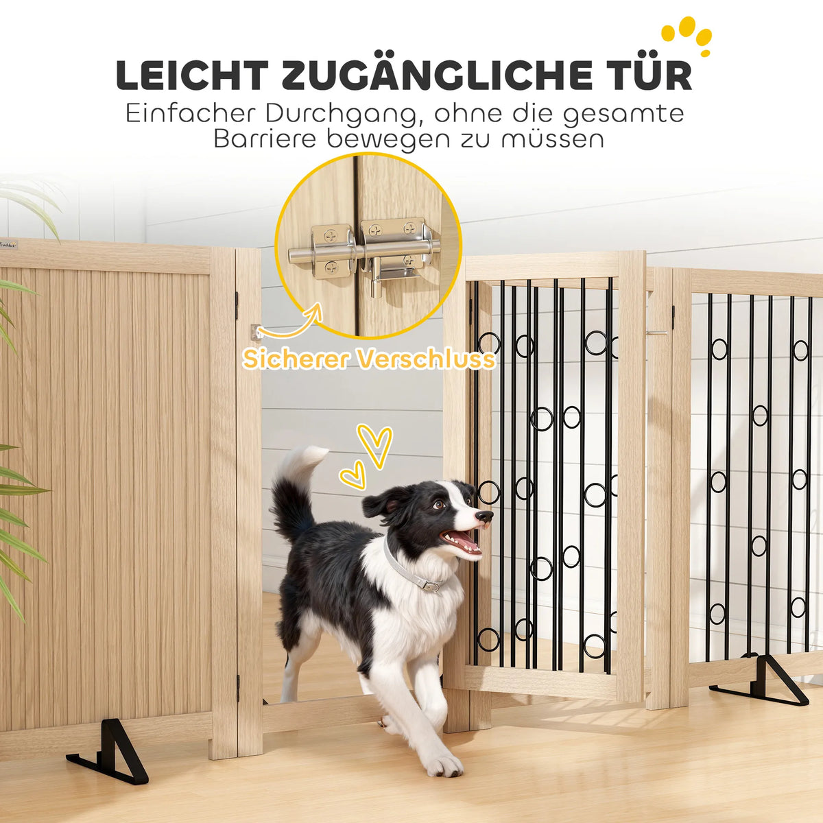 Šunų apsauginis barjeras su durelėmis, 4 dalių, 205 cm, ąžuolo ir juodos spalvos