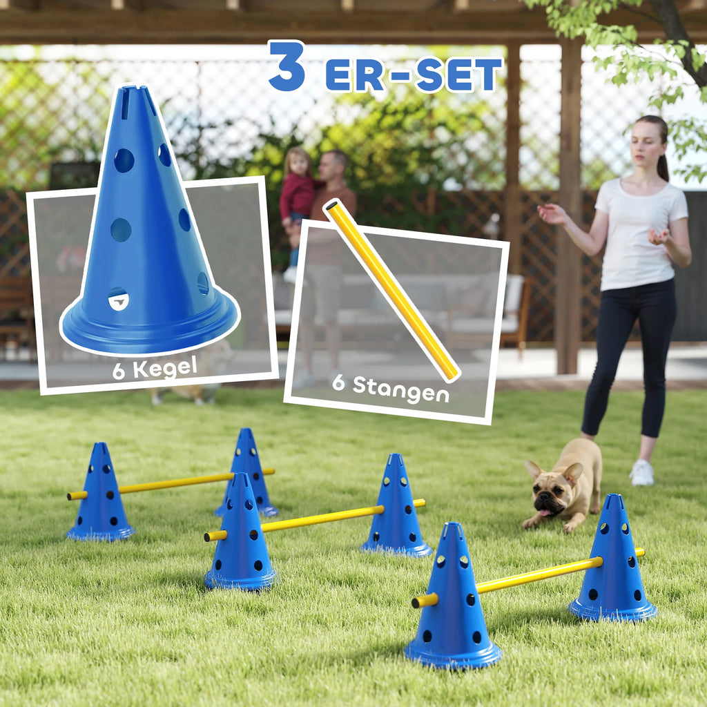 Šunų dresūros kliūčių rinkinys su 3 reguliuojamais barjerais, mėlynas