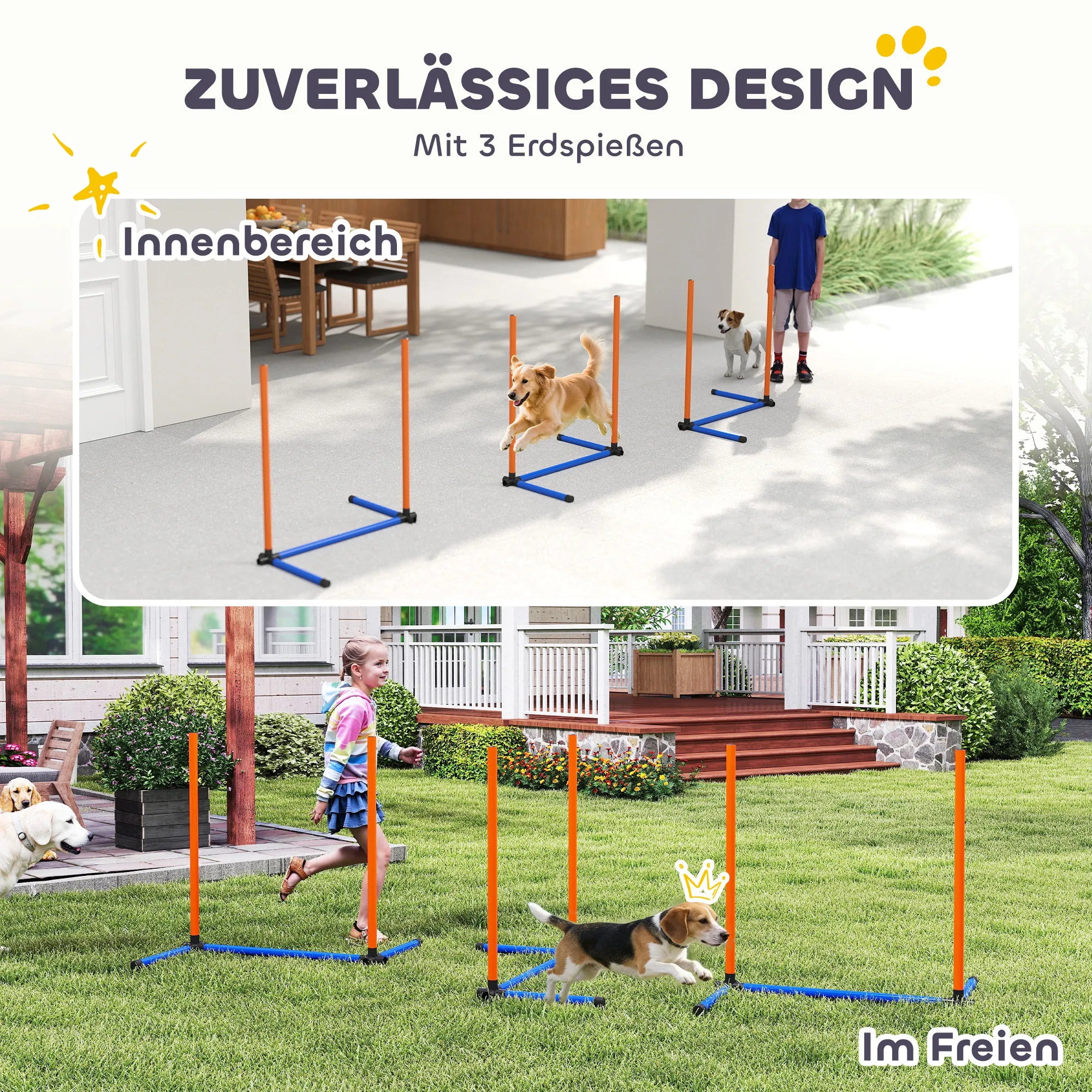 Šunų dresūros rinkinys 3 dalių kliūčių ruožas su slalomo stulpais ir krepšiu oranžinis