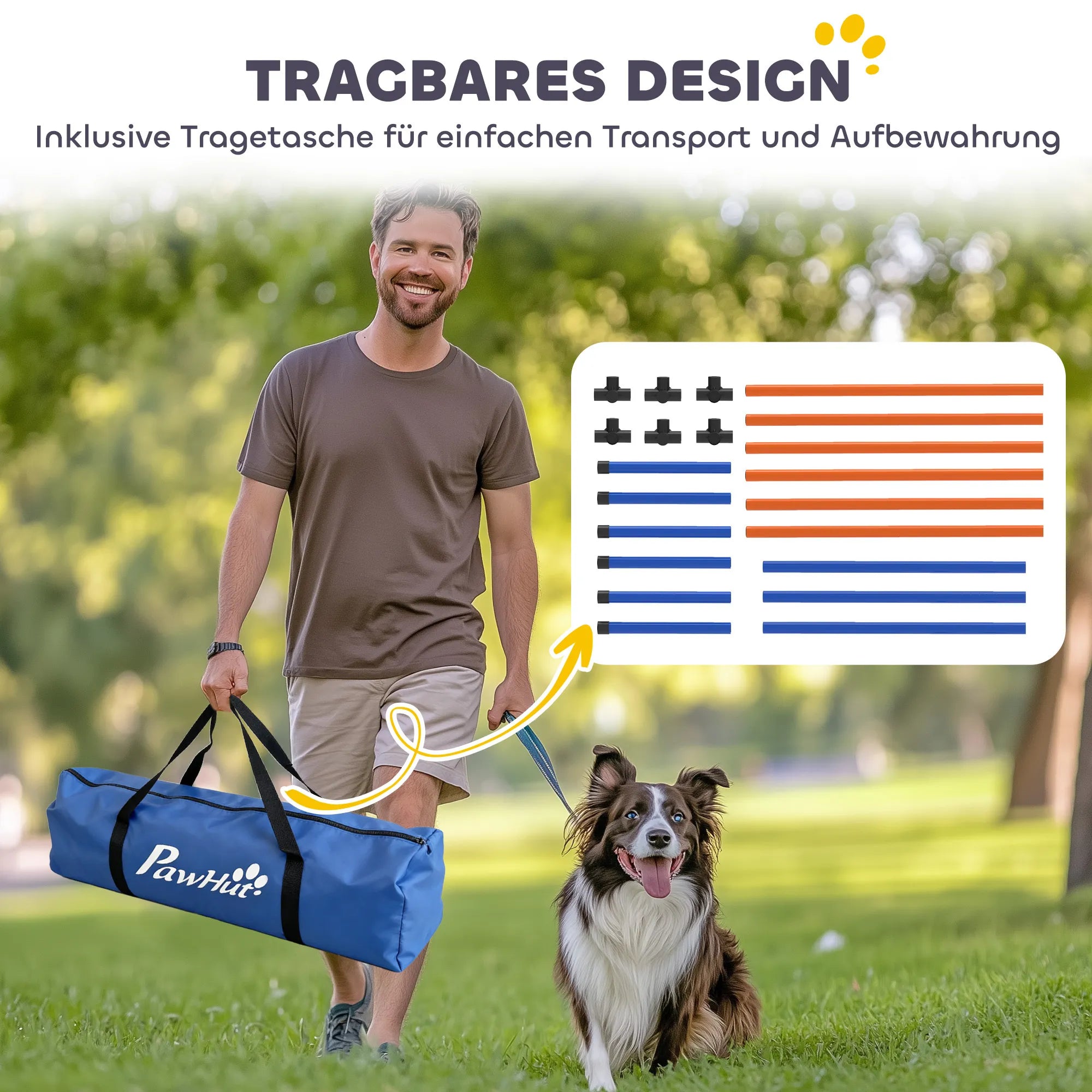Šunų dresūros rinkinys 3 dalių kliūčių ruožas su slalomo stulpais ir krepšiu oranžinis