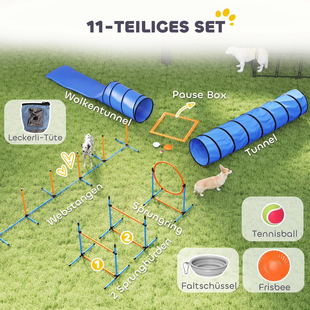 Šunų dresūros rinkinys Agility 11 dalių su tuneliais ir kliūtimis