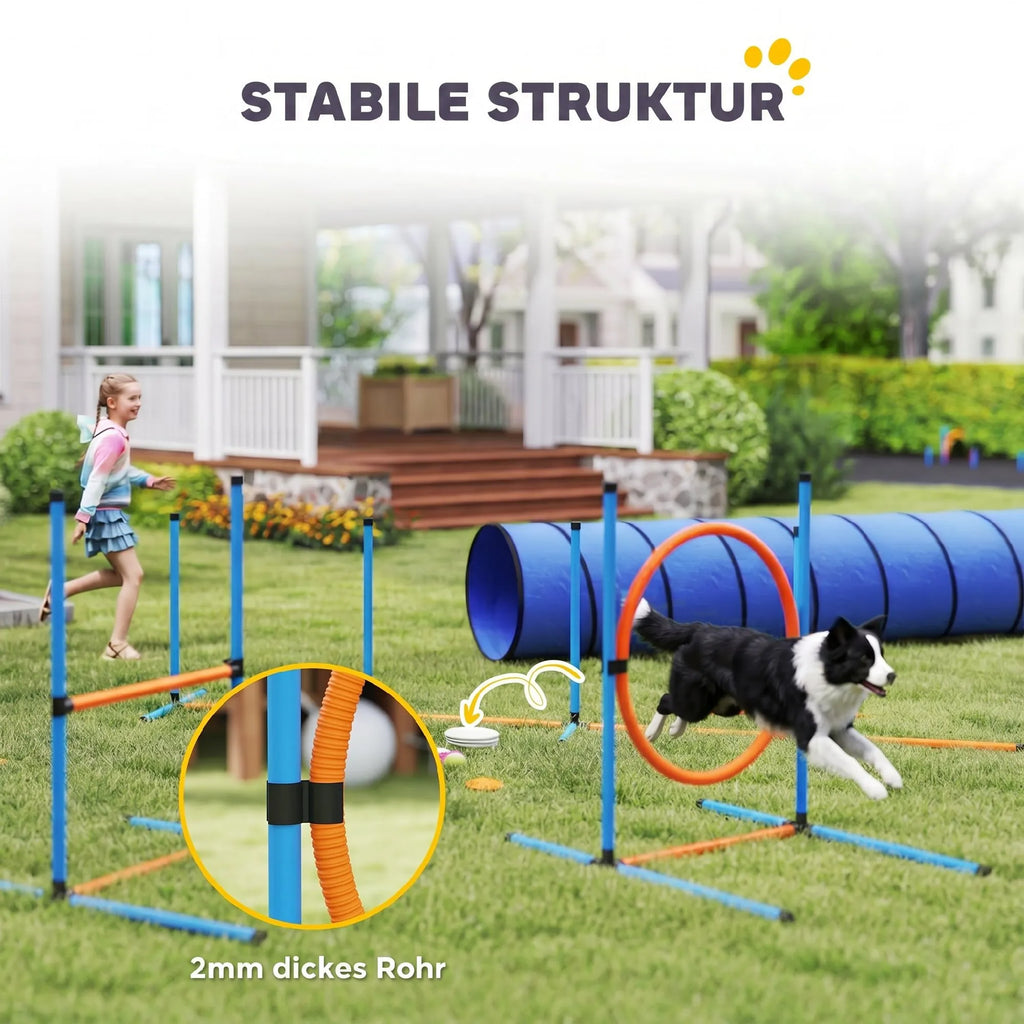Šunų dresūros rinkinys Agility, 8 dalių su tuneliu ir kliūtimis, oranžinis