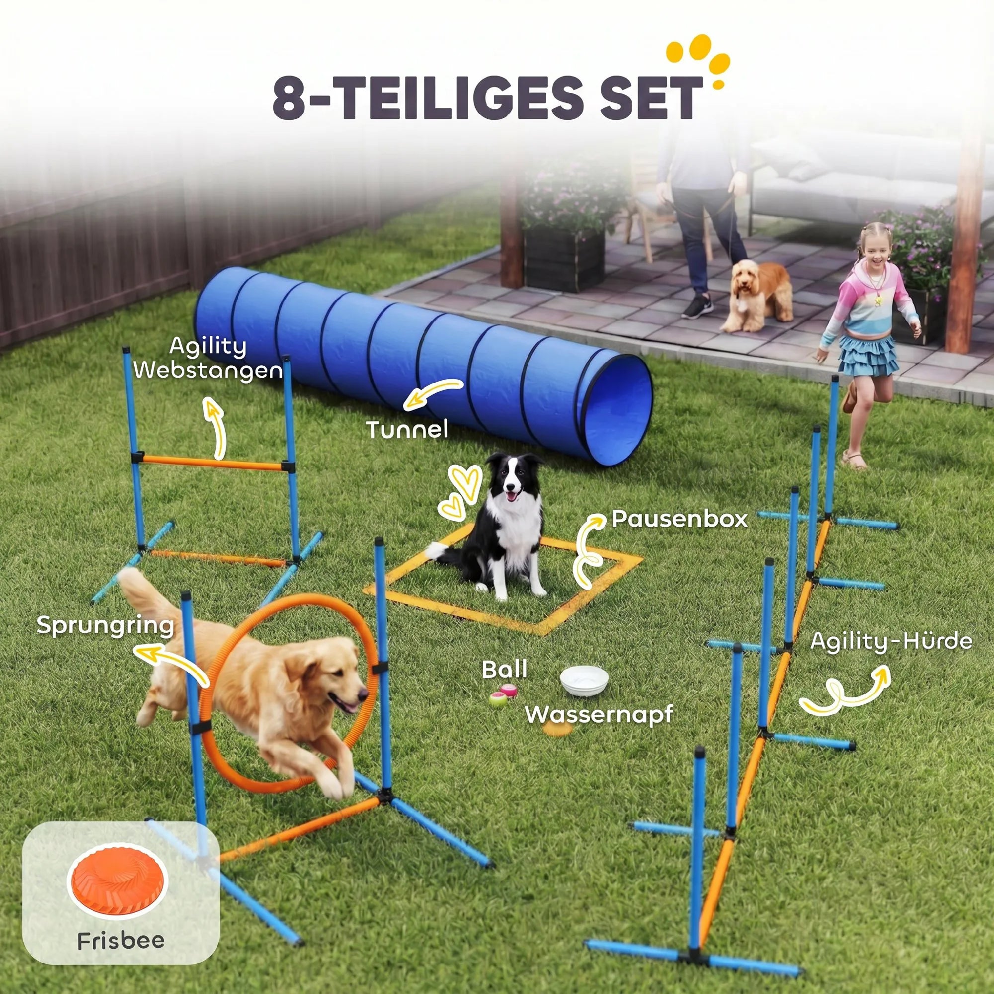 Šunų dresūros rinkinys Agility, 8 dalių su tuneliu ir kliūtimis, oranžinis