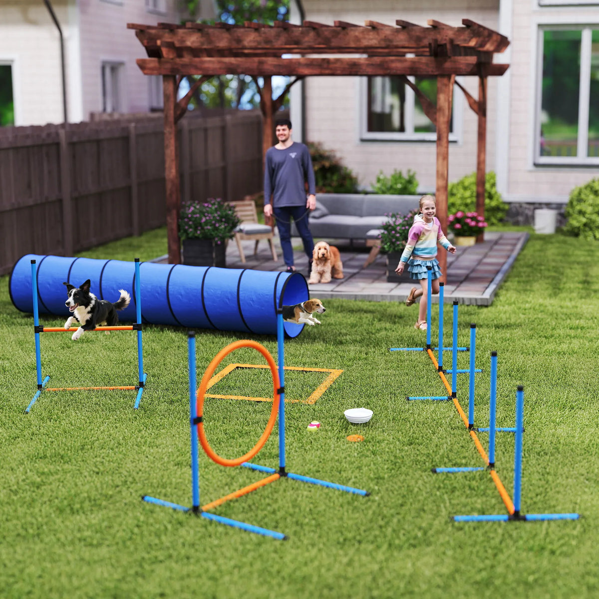 Šunų dresūros rinkinys Agility, 8 dalių su tuneliu ir kliūtimis, oranžinis