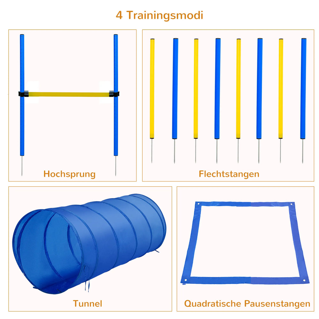 Šunų dresūros rinkinys Agility su tuneliu, kliūtimis ir slalomu, geltonas/mėlynas