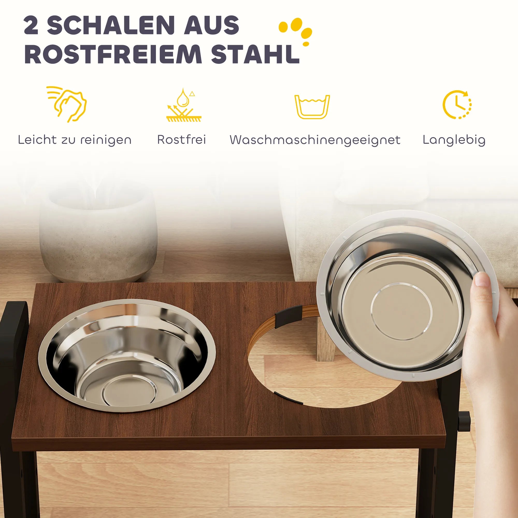 Šunų dubenėlių stovas reguliuojamu aukščiu ir kampu, 2 x 1,2 l, rudas