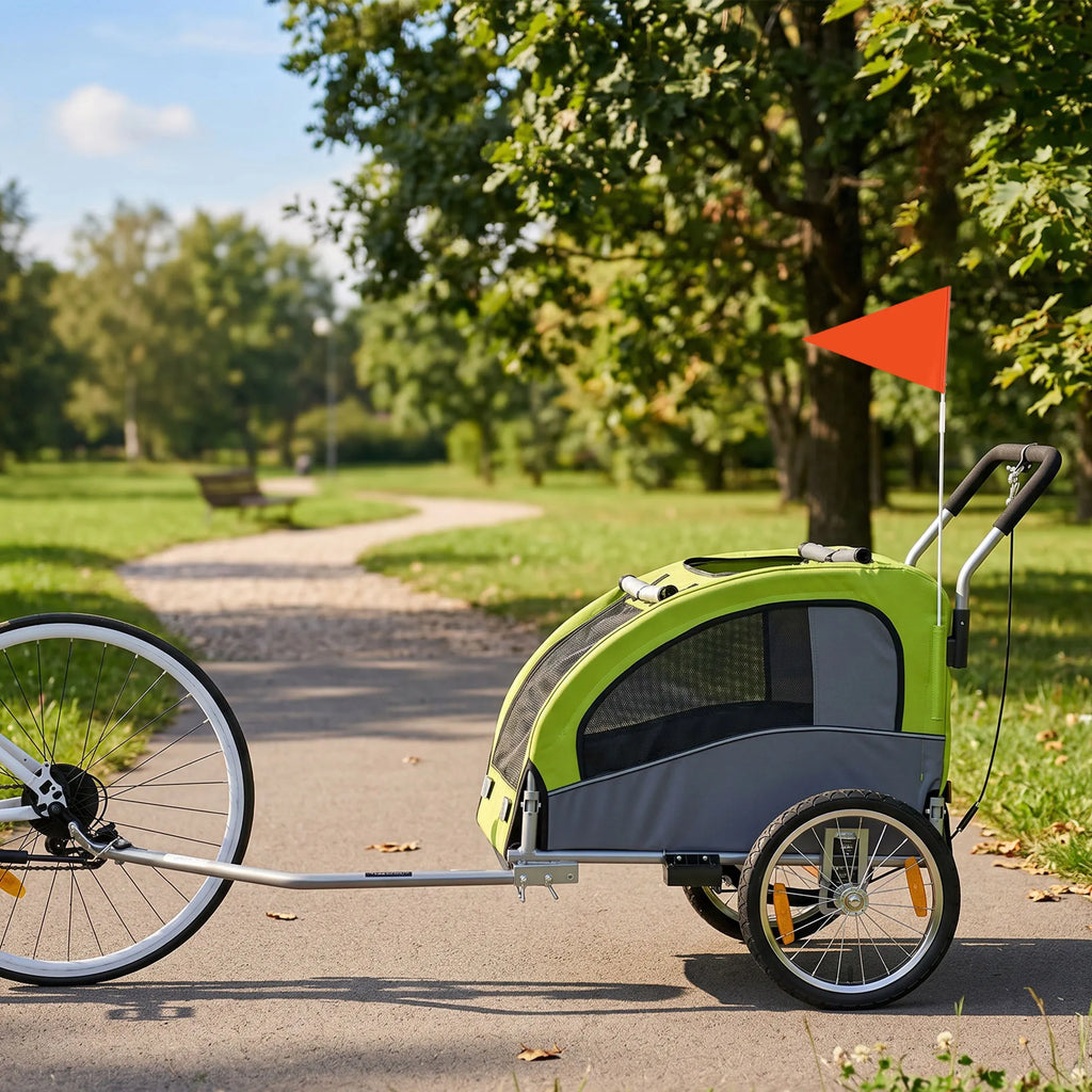 Šunų priekaba dviračiui 2-in-1, sulankstomas vežimėlis šunims iki 20 kg, žalia