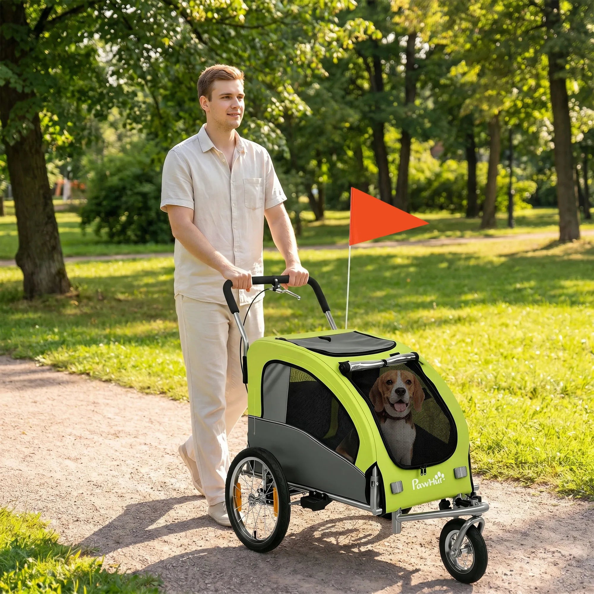 Šunų priekaba dviračiui 2-in-1, sulankstomas vežimėlis šunims iki 20 kg, žalia