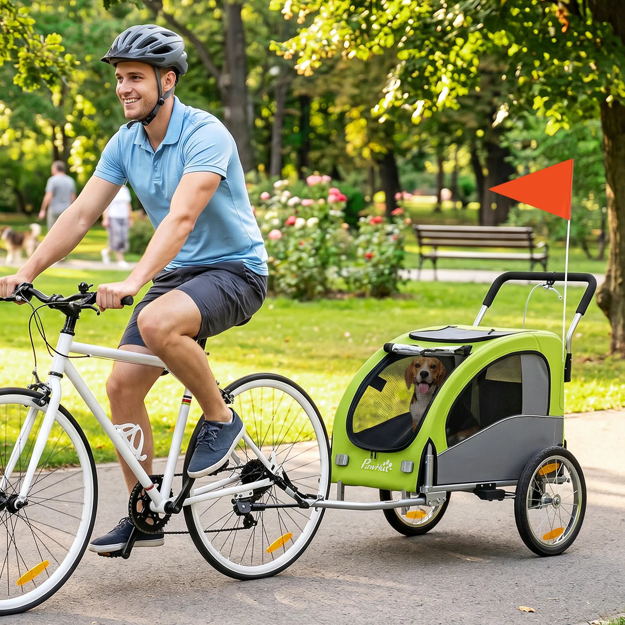 Šunų priekaba dviračiui 2-in-1, sulankstomas vežimėlis šunims iki 20 kg, žalia