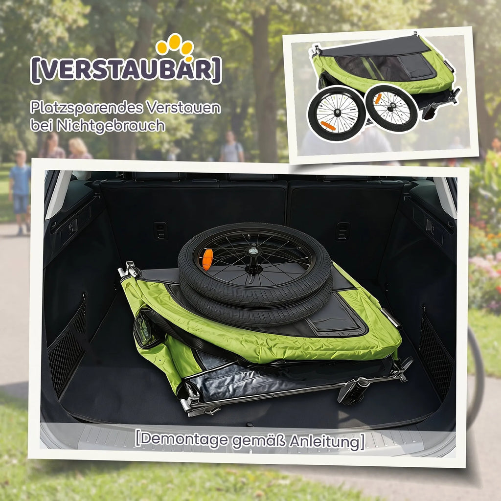Šunų priekaba dviračiui 2-in-1, sulankstomas vežimėlis šunims iki 20 kg, žalia