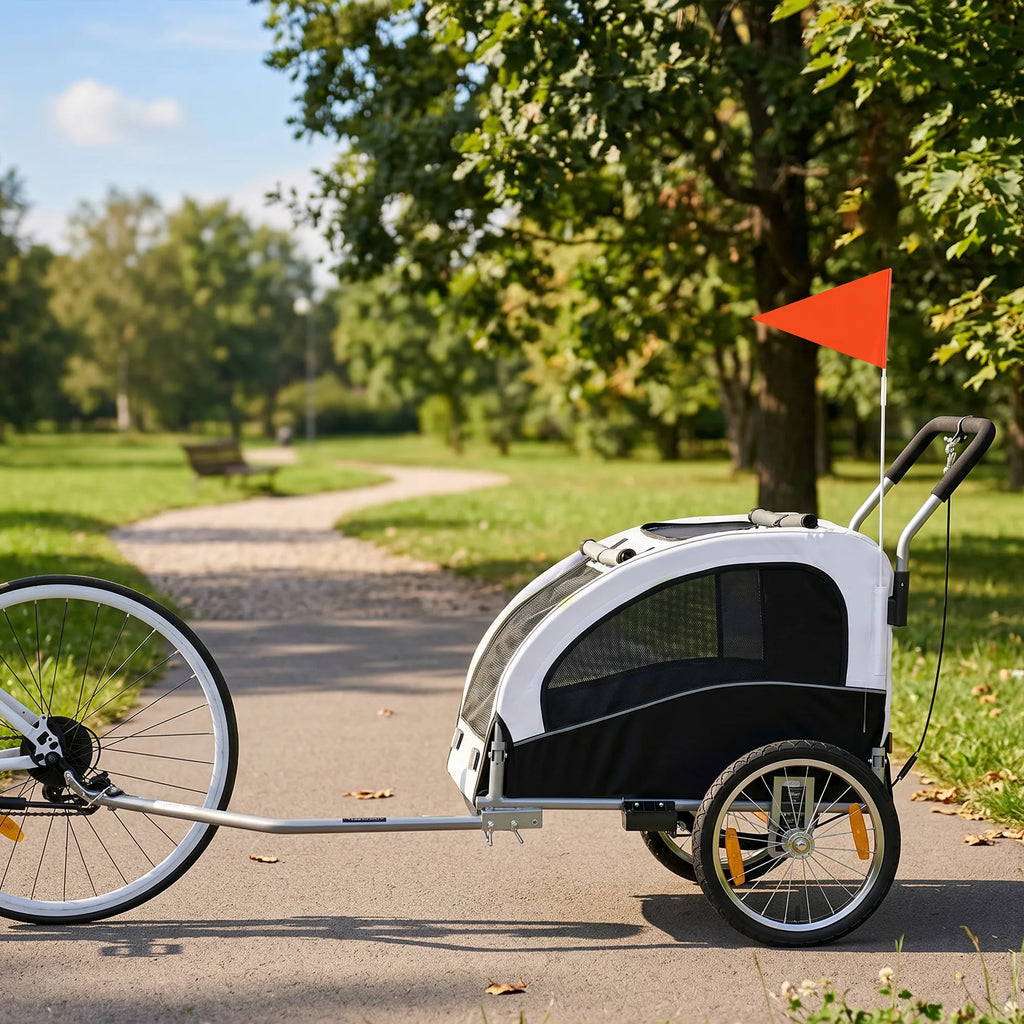 Šunų priekaba dviračiui ir vežimėlis 2-in-1, sulankstomas, iki 20 kg, baltas