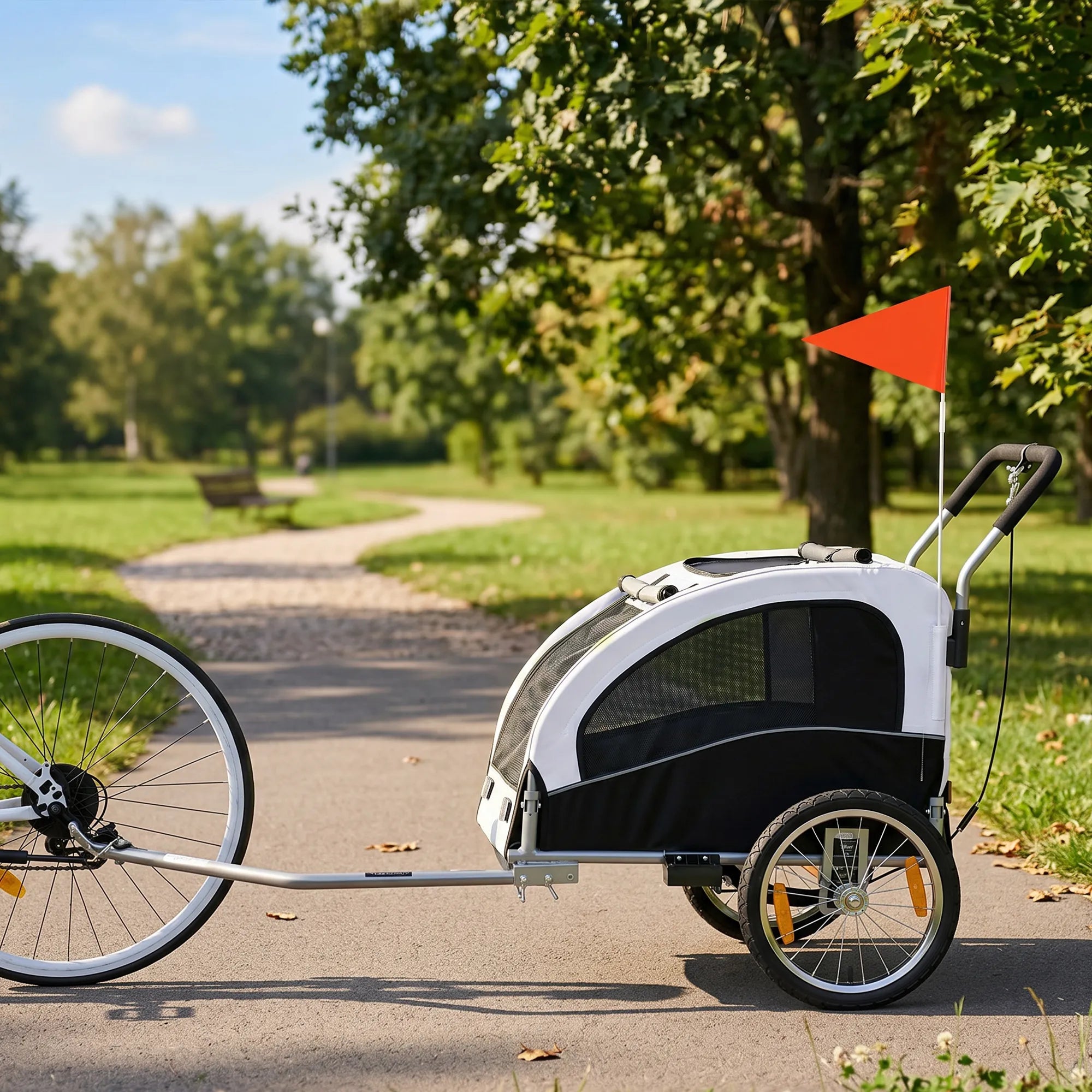 Šunų priekaba dviračiui ir vežimėlis 2-in-1, sulankstomas, iki 20 kg, baltas