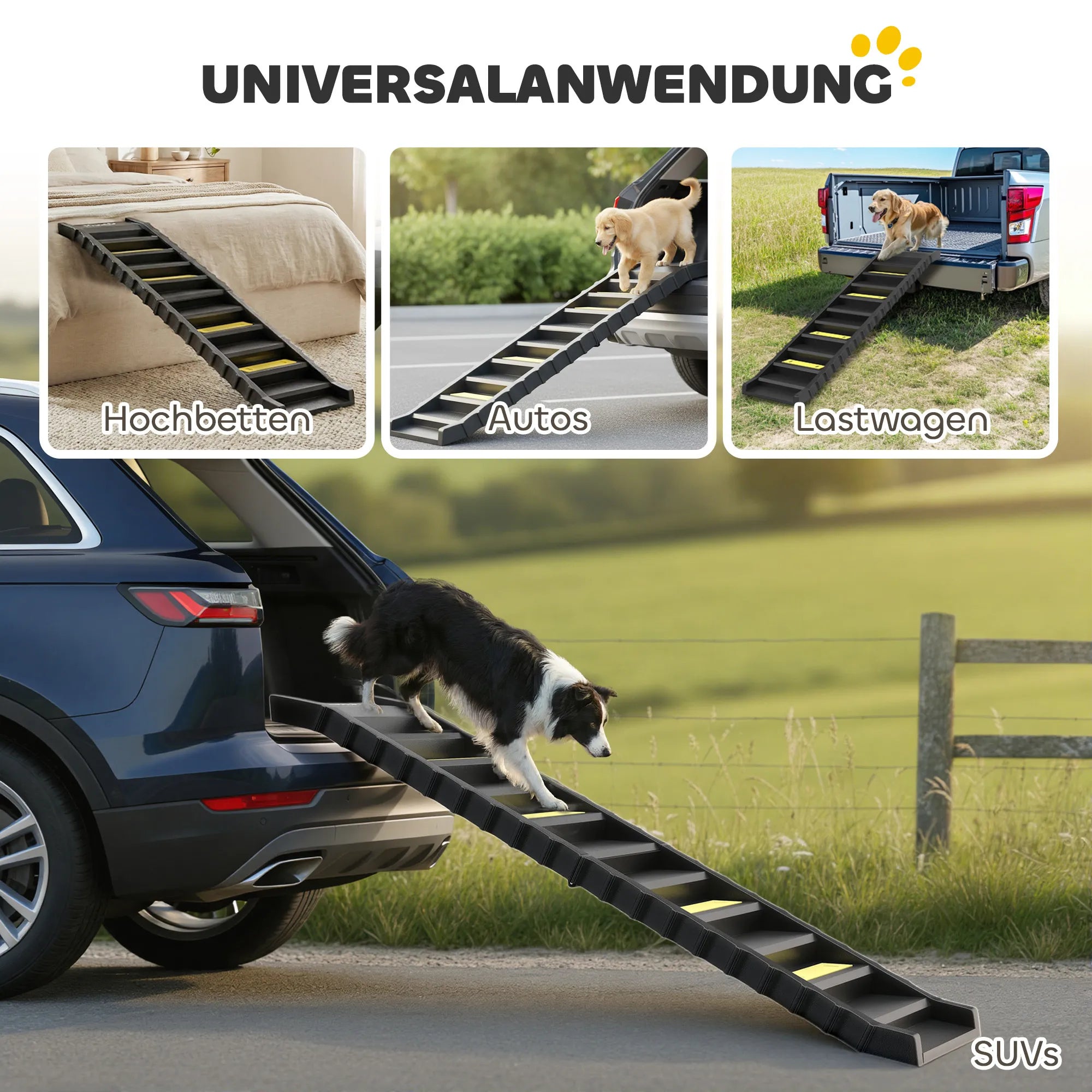 Šunų rampa automobiliui, sudedama, neslystanti, iki 68 kg, 154x40 cm, juoda