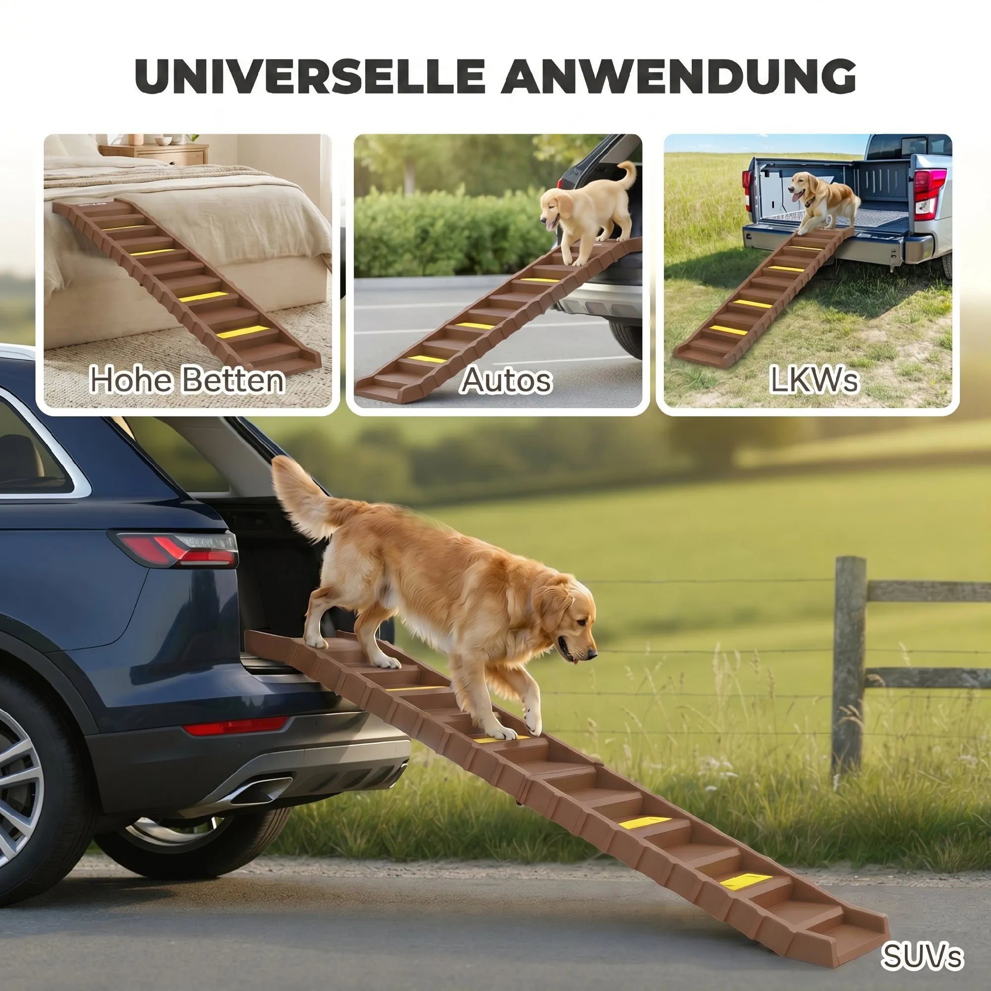 Šunų rampa automobiliui, sulankstoma 10 pakopų kopėčios, iki 25 kg, ruda