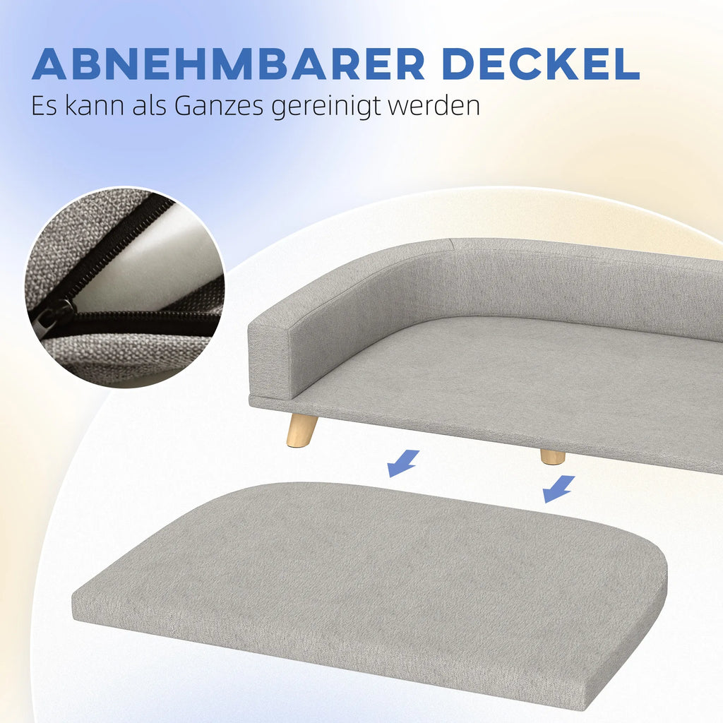 Šunų sofa dideliems šunims iki 30 kg, paminkštinta, pušies medžio kojos, 98 x 67 x 25 cm, pilka