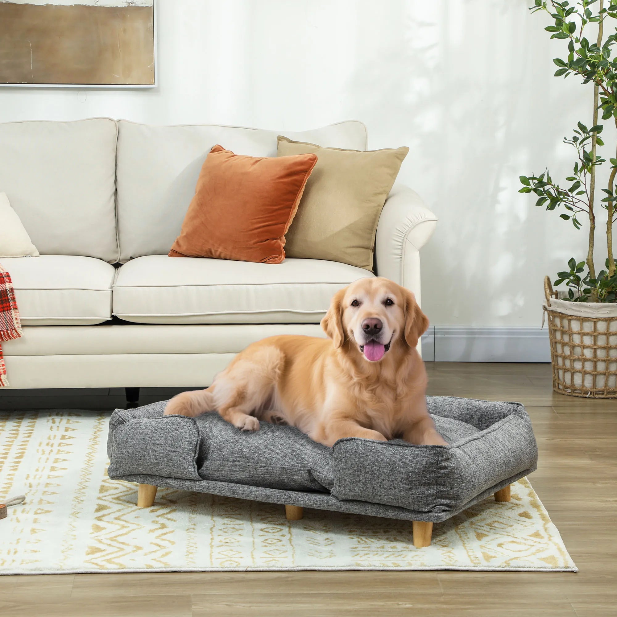 Šunų sofa, naminių gyvūnų sofa, naminių gyvūnų lovelė, nuimamas ir skalbiamas apmušalas, natūralus + tamsiai pilkas