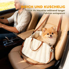 Jauki ir minkšta automobilinė kėdutė šunims, viduje šuo