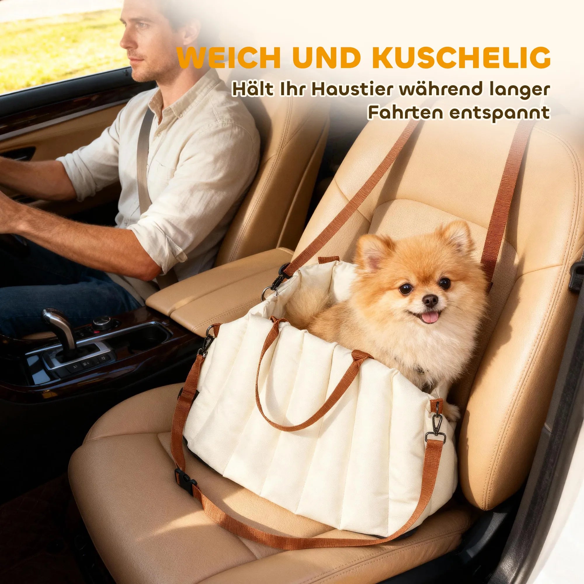 Šunų transportavimo krepšys-kėdutė automobiliui, iki 5 kg, kreminės spalvos