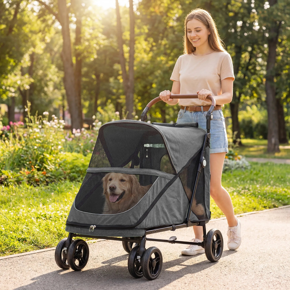 Šunų vežimėlis iki 30 kg, sulankstomas, su amortizacija, pilkas