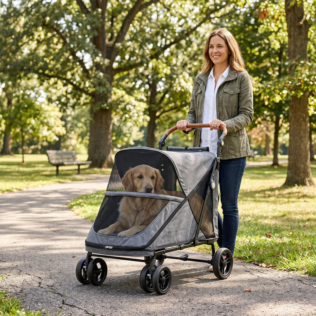 Šunų vežimėlis iki 30 kg, sulankstomas, su amortizacija, pilkas