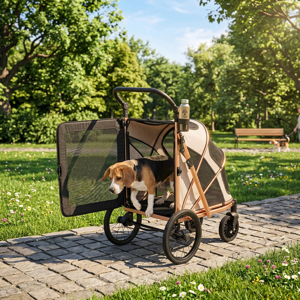 Beaglis išlipa pro atviras dvigubas vežimėlio dureles parke