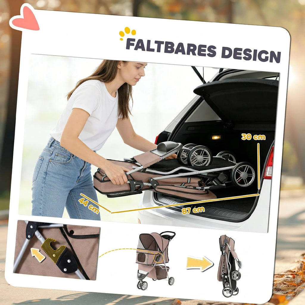 Sulankstytas ir įdėtas į automobilio bagažinę vežimėlis prieš kelionę