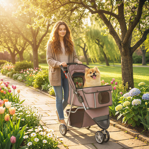 Moteris vaikšto parke tarp tulpių, vežimėlyje sėdi rudas špicas