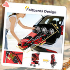 Automobilio bagažinėje sulankstomas vežimėlis, šalia lankstymo mechanizmo detalė