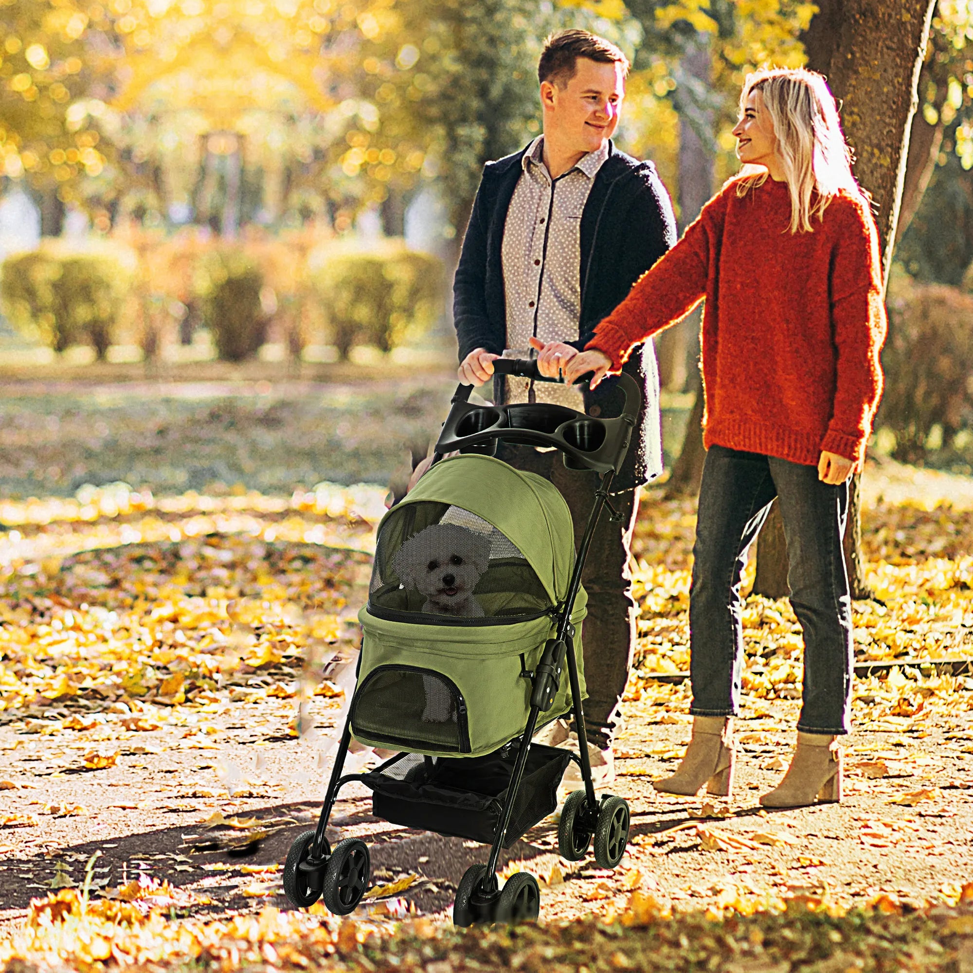 Šunų vežimėlis vidaXL, sulankstomas, tamsiai žalias